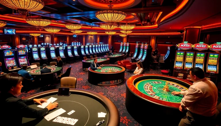 High-stakes gaming scene at https://pub88.com.de/, showcasing poker tables, roulette wheels, and slot machines