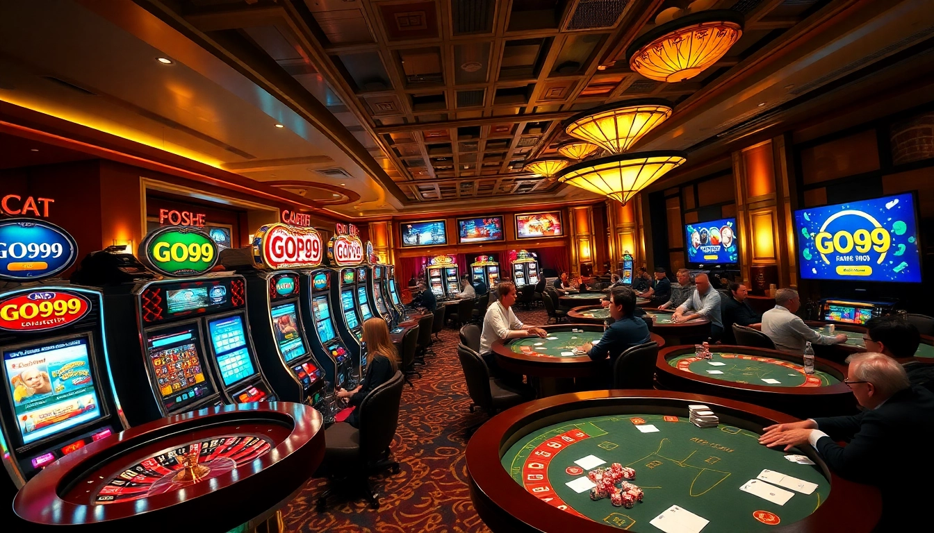 Players enjoying their time at Nhà cái GO99 with vibrant roulette wheels and exciting slot machines.