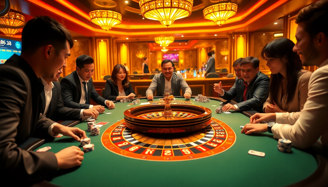 Players enjoying high-stakes poker at the KP88 casino table under dramatic lighting.