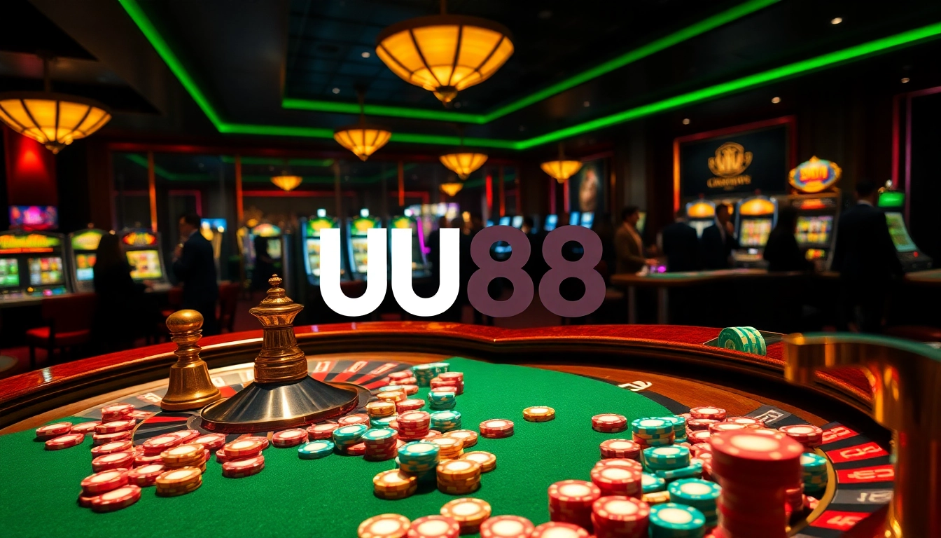 Experience thrilling gameplay at UU88 with poker chips and roulette in a vibrant casino setting.