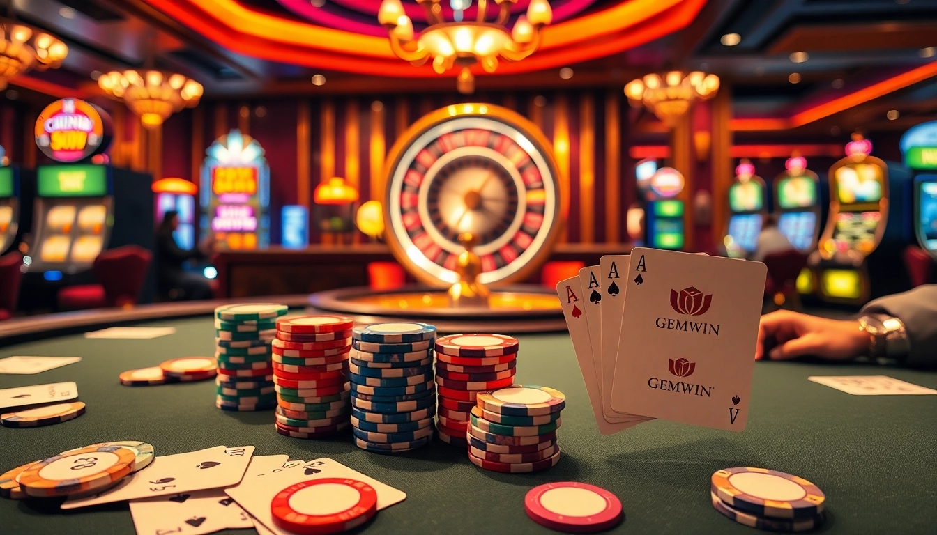 Experience high-stakes gaming action with GEMWIN at a luxurious casino poker table.
