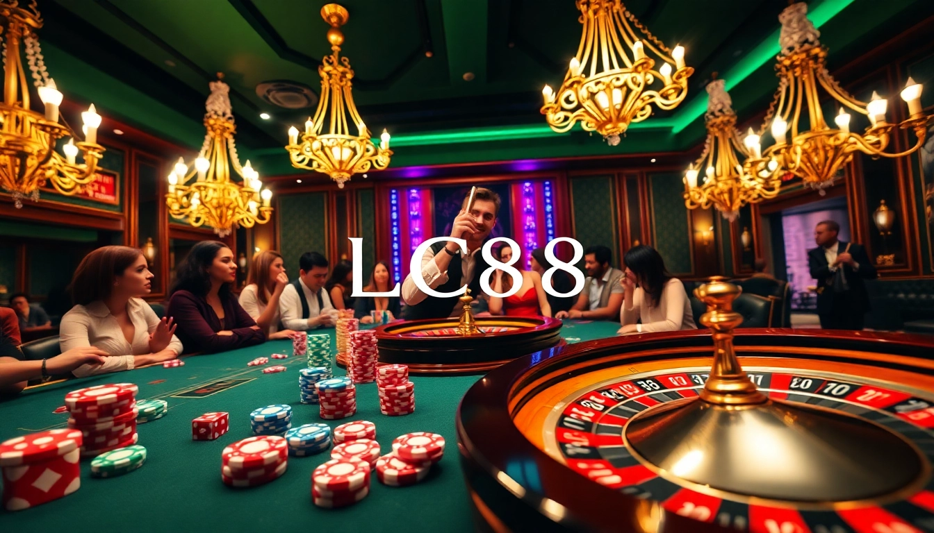 Engage in LC88 casino excitement with vibrant poker chips and a roulette wheel.