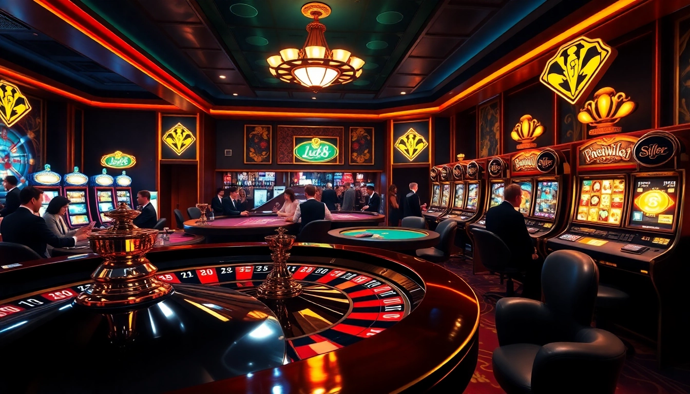 Exciting casino atmosphere featuring high-stakes betting scenes, highlighting luck8.