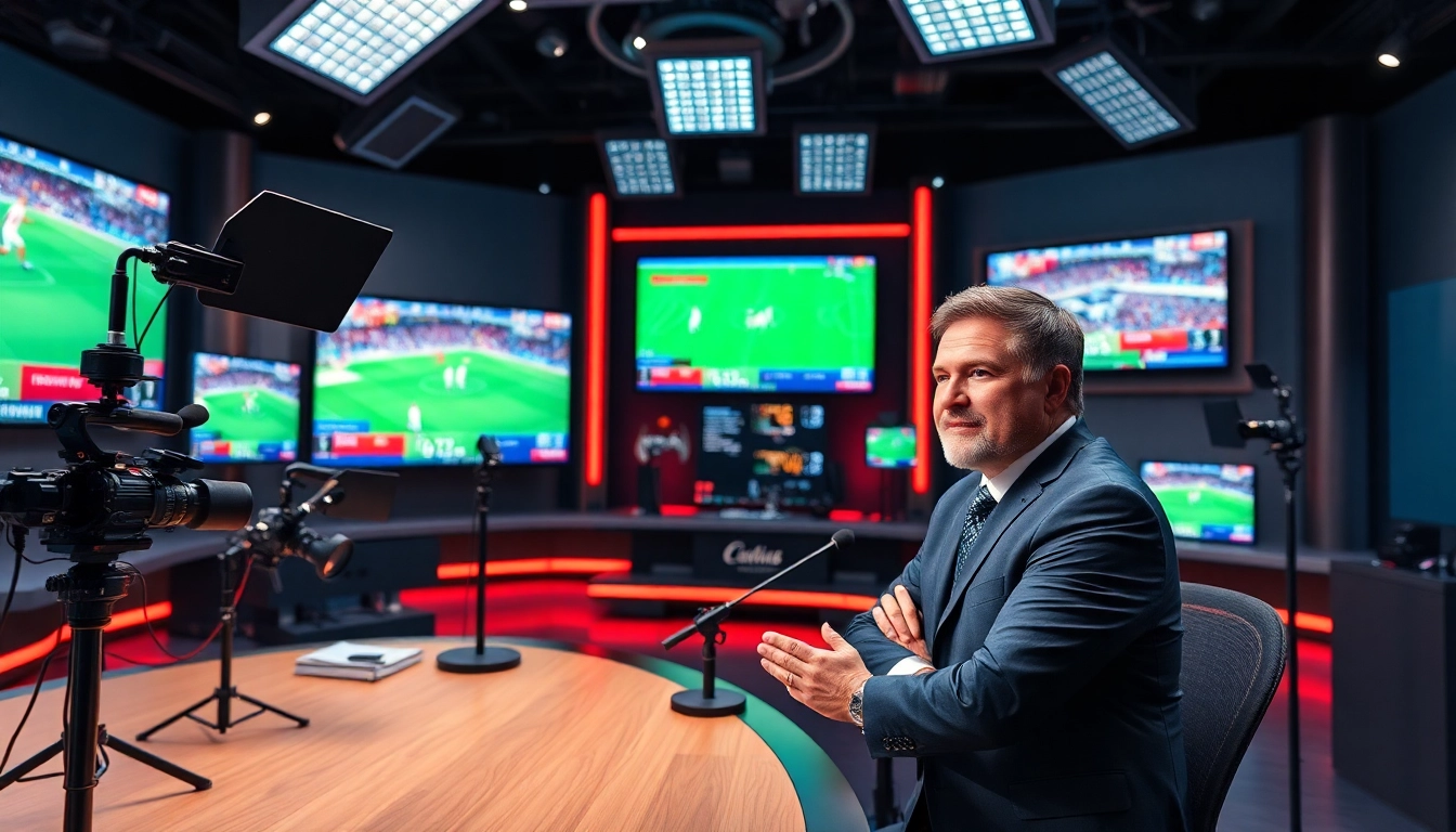 Dynamic sports broadcasting studio showcasing advanced technology and live coverage.