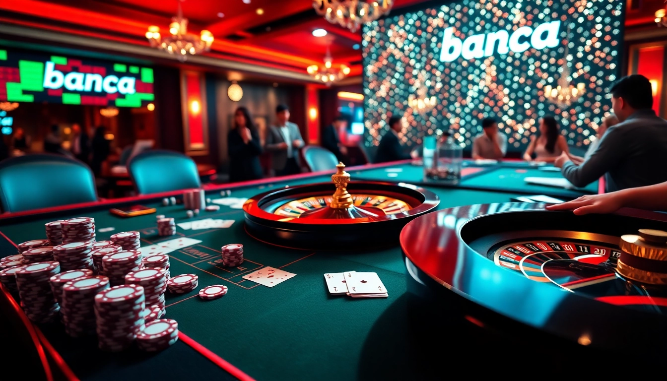Baccarat table with vibrant gambling elements and 'banca' theme to enhance the gaming experience.