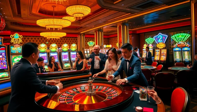 Exciting moment at the 88i nhà cái casino with players celebrating big wins and vibrant slot machines.