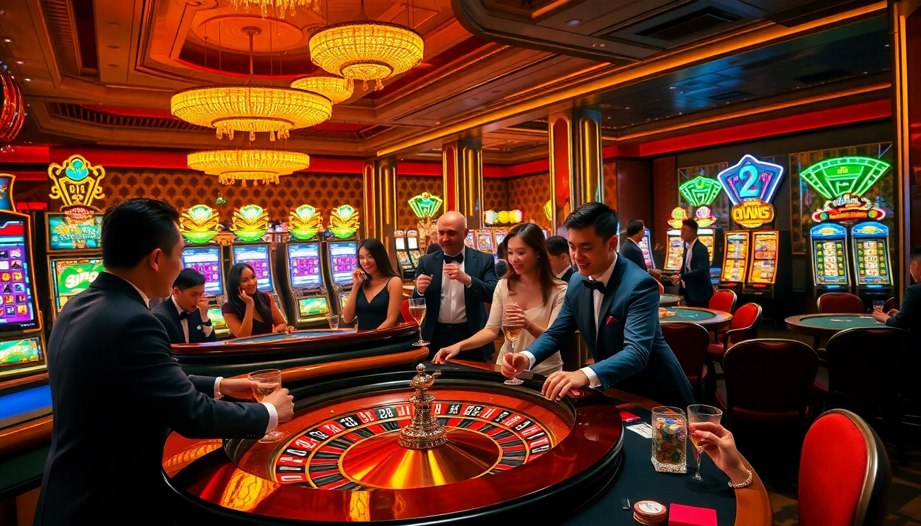 Exciting moment at the 88i nhà cái casino with players celebrating big wins and vibrant slot machines.
