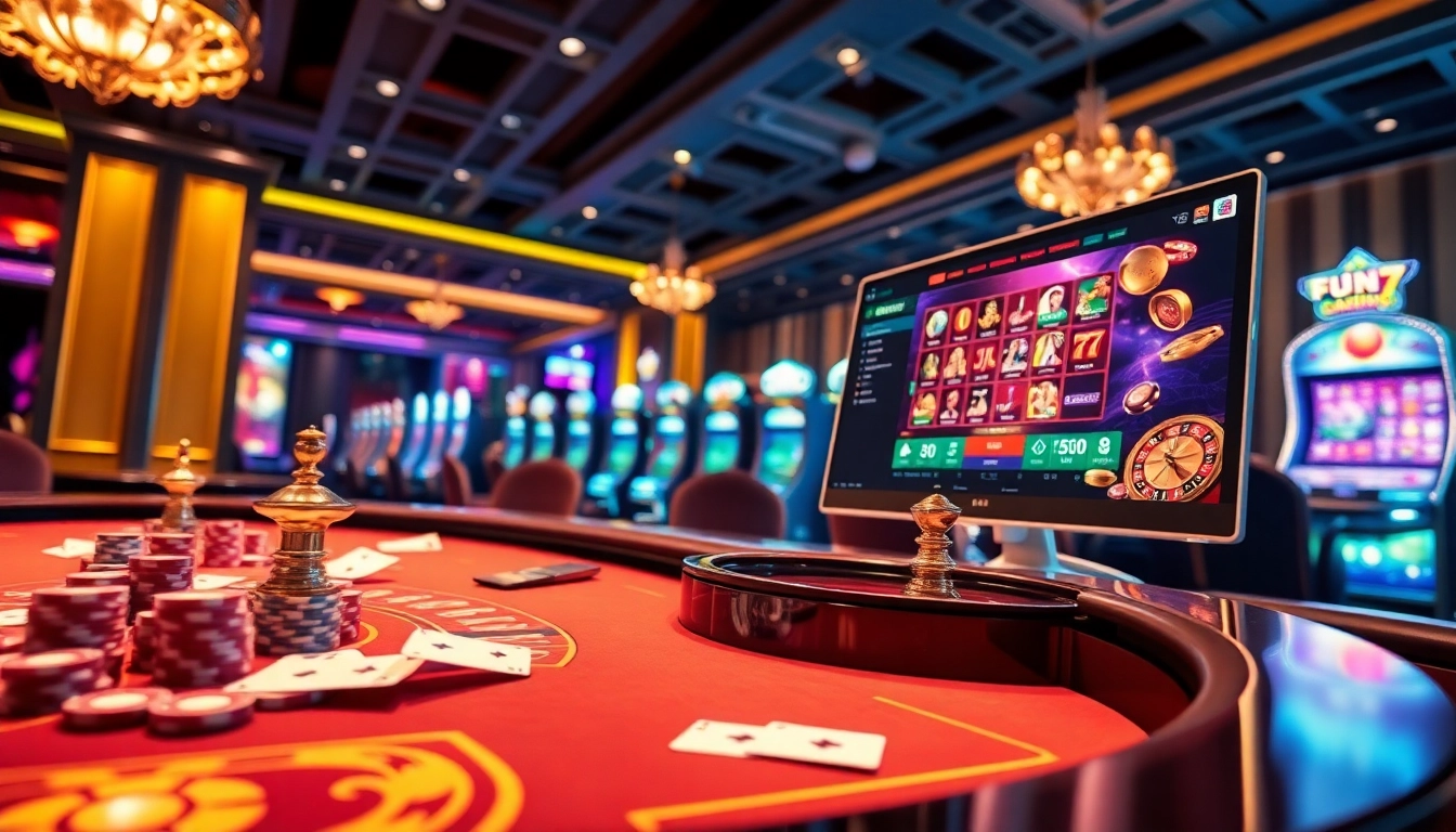 Experience the excitement of nhà cái fun79 with a luxurious casino scene featuring vibrant games and stunning design.