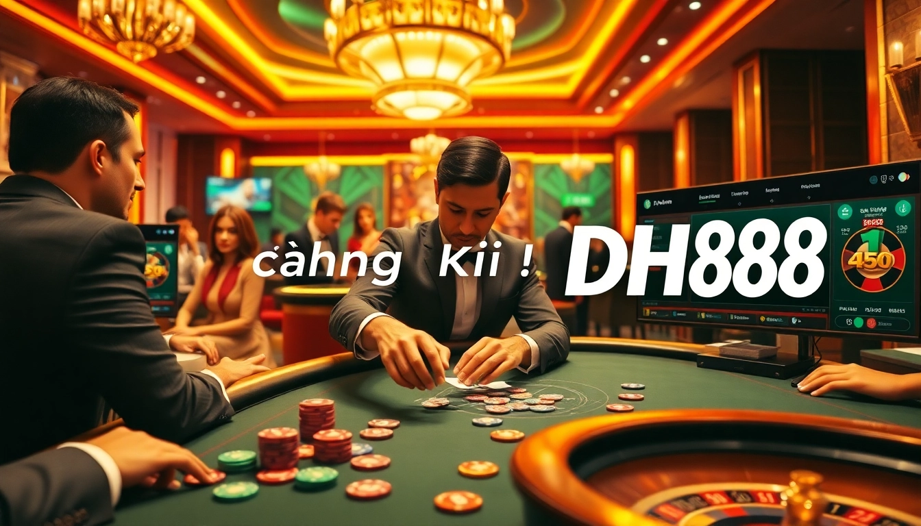Engaging poker players enjoying the excitement of gambling while Đăng Ký DH88 promotions illuminate the atmosphere.