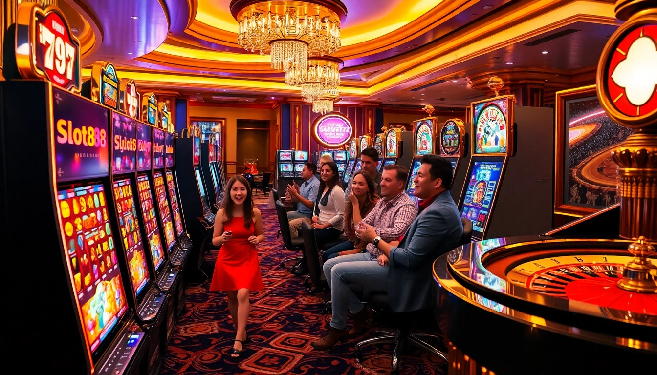 Experience the excitement of slot88 with players engaging at vibrant machines in a luxurious casino.