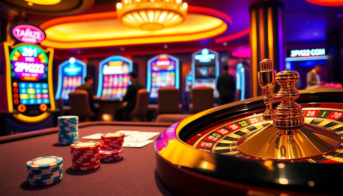 Experience thrilling gameplay at 2PH222 COM with a luxurious casino setup featuring poker chips and a roulette wheel.