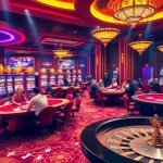 The vibrant excitement of 5Z7779 com captured in a luxurious casino scene filled with slot machines, poker tables, and roulette wheels.