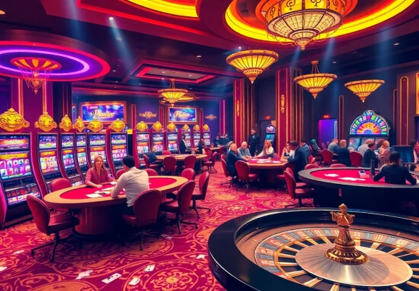 The vibrant excitement of 5Z7779 com captured in a luxurious casino scene filled with slot machines, poker tables, and roulette wheels.