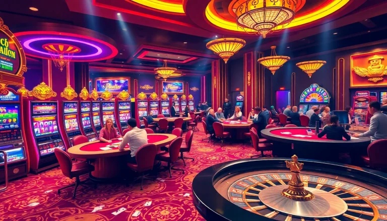 The vibrant excitement of 5Z7779 com captured in a luxurious casino scene filled with slot machines, poker tables, and roulette wheels.