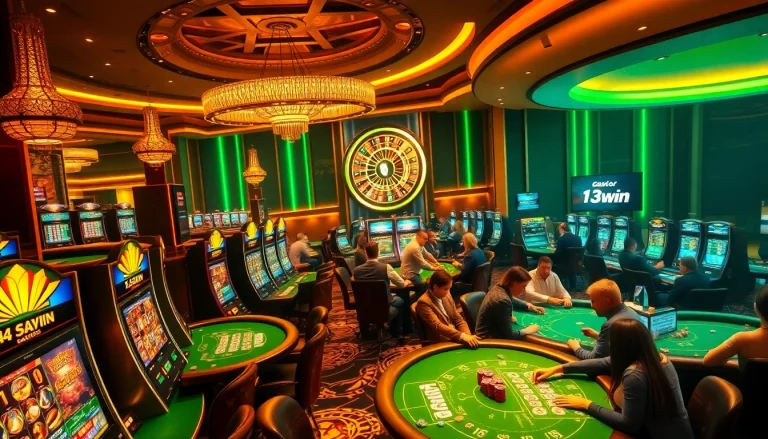 Players engaging in thrilling games at 13win's luxurious casino, featuring vibrant slot machines and poker tables.