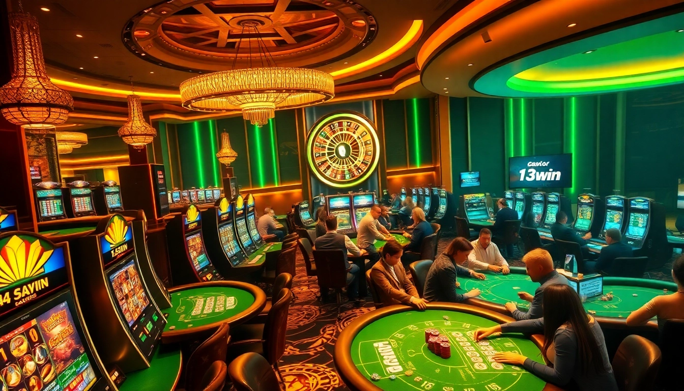 Players engaging in thrilling games at 13win's luxurious casino, featuring vibrant slot machines and poker tables.