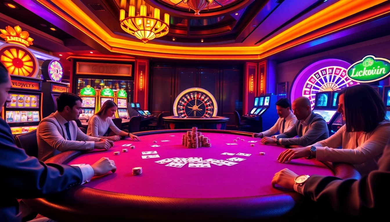 Experience the excitement of Luckwin Casino with players enjoying poker amidst vibrant slot machines.