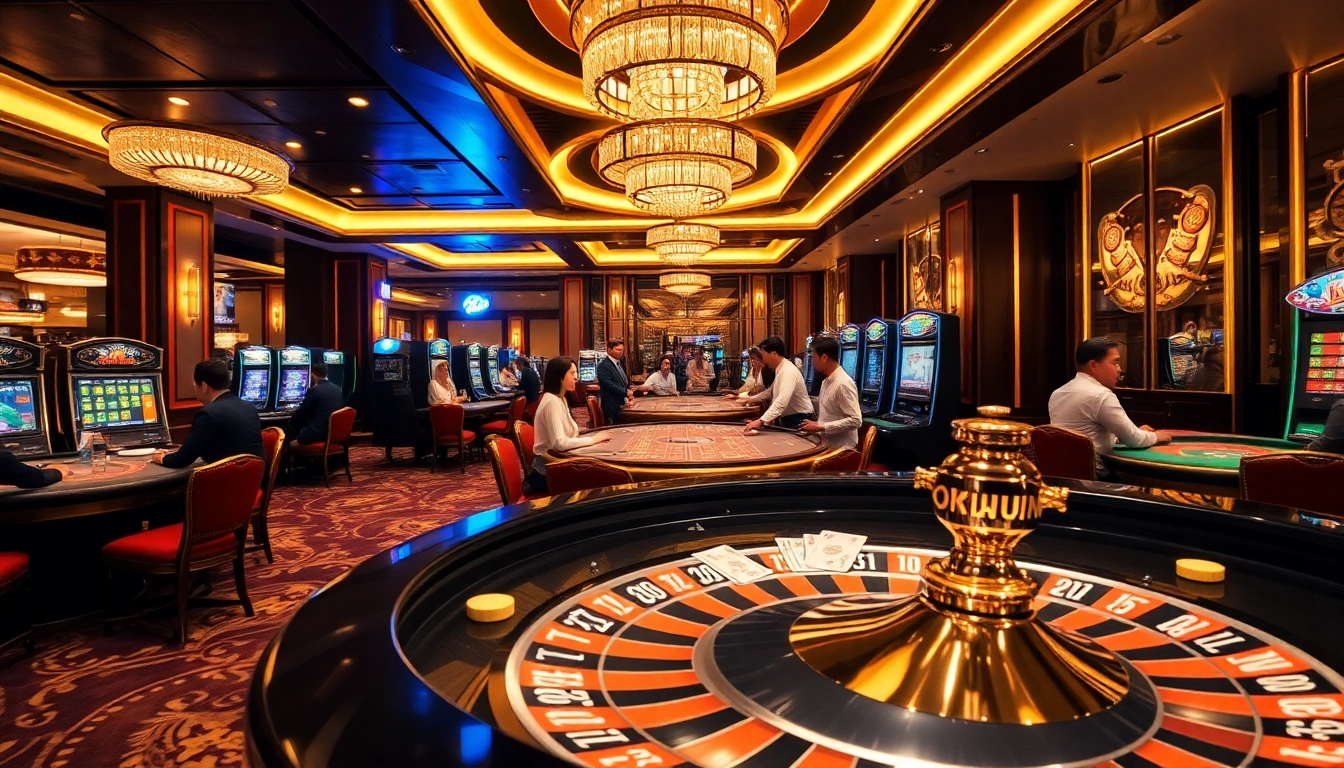 Players enjoying the vibrant atmosphere of Trang Chủ OKWIN with elegant casino tables and lively games.