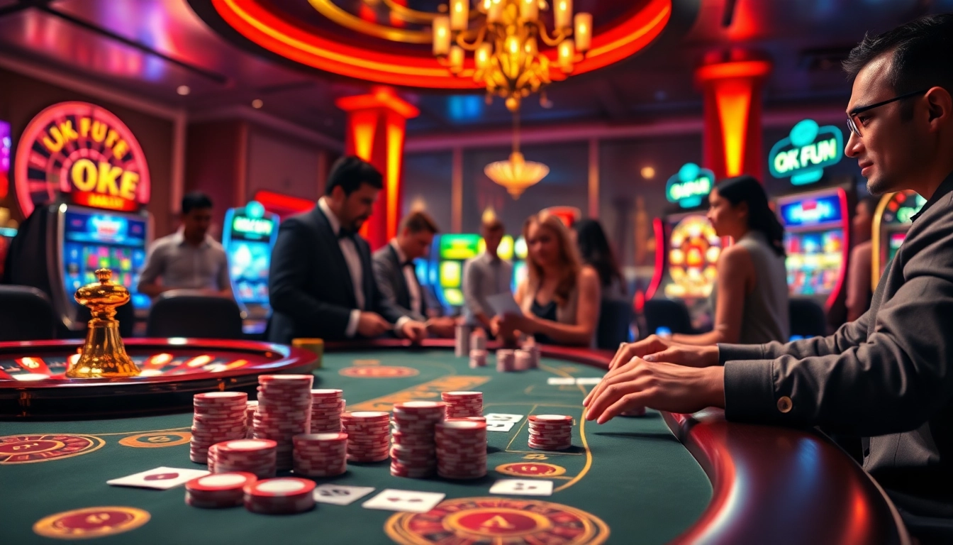 Experience the excitement of online gambling with OK FUN at a vibrant virtual casino table.