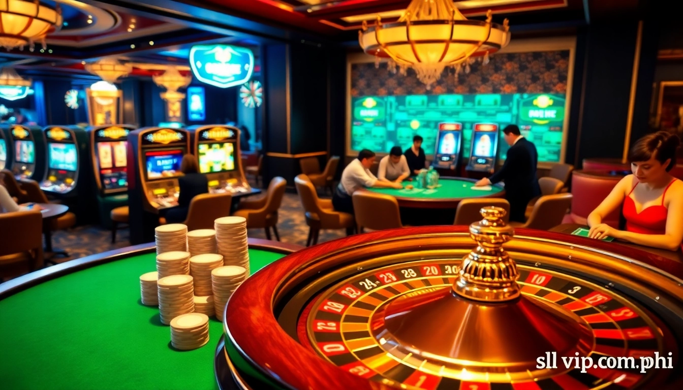 Experience thrilling gameplay at slvip1.com.ph with an exciting casino scene featuring roulette, poker, and luxury.