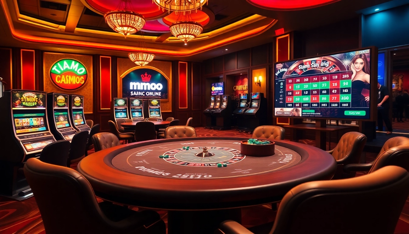 Experience the excitement of mmoo giải trí online at this luxurious casino featuring vibrant poker tables and digital interfaces.