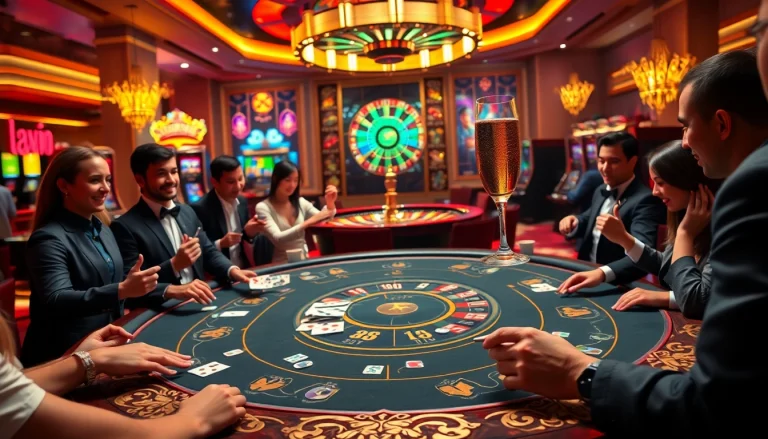 GK88 casino scene showcasing vibrant poker action and excitement from slot machines.