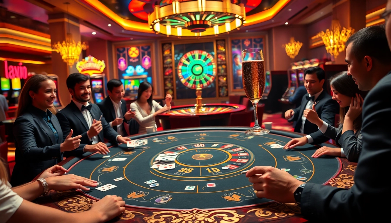 GK88 casino scene showcasing vibrant poker action and excitement from slot machines.