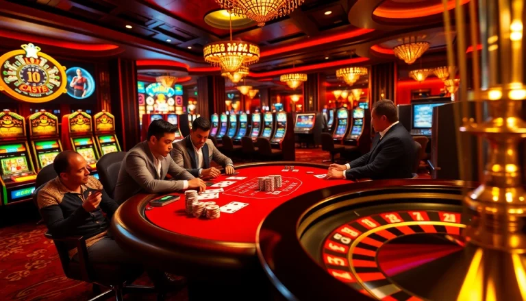 Players strategizing at a high-stakes poker table in a vibrant casino, emphasizing JL55 excitement.