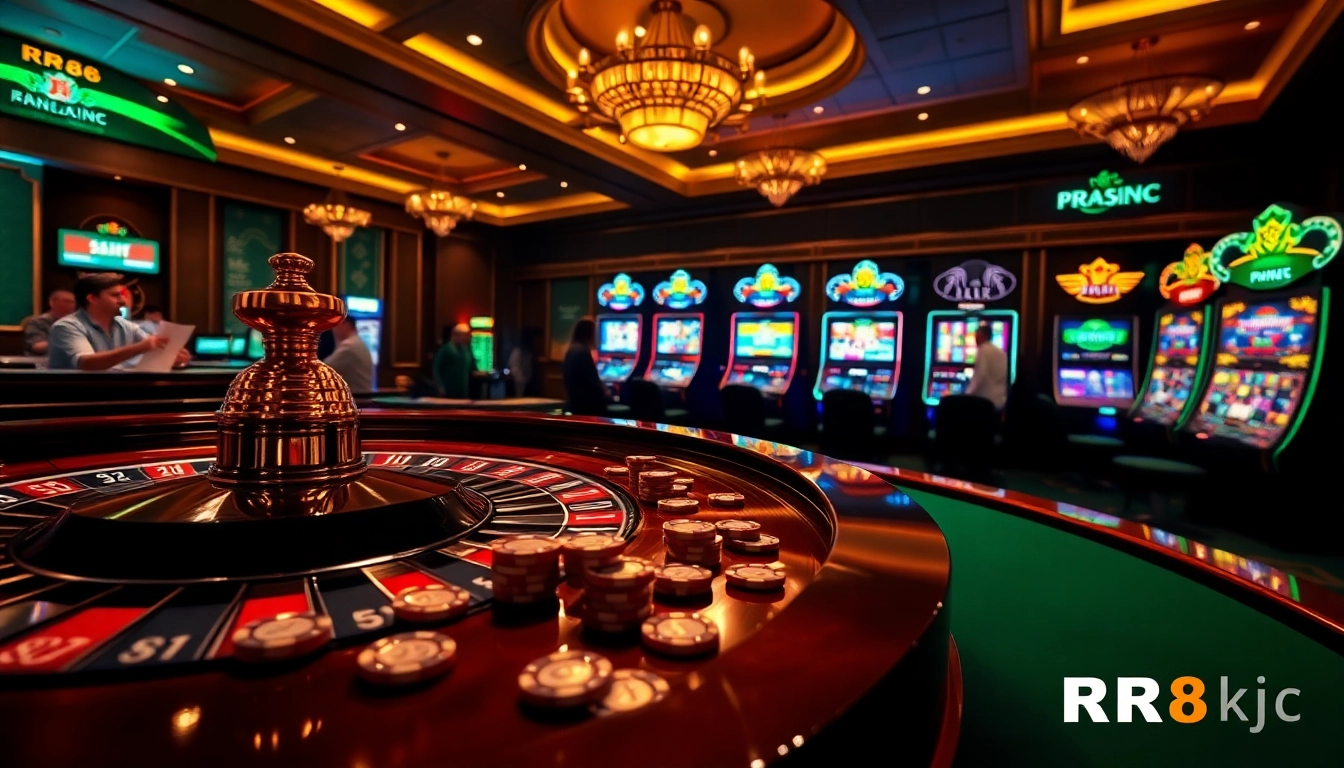 Experience thrilling gameplay at RR88 KJC with vibrant casino tables and luxury gaming elements.