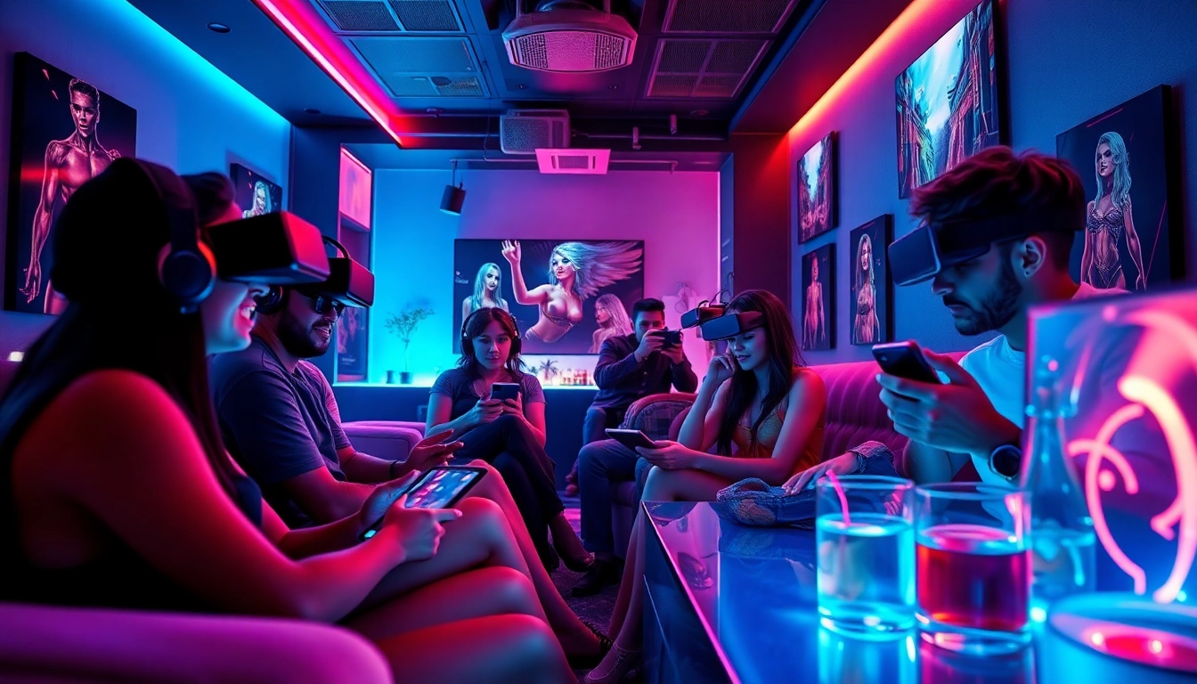 Dynamic gaming lounge scene featuring players engaged in interactive sex games.
