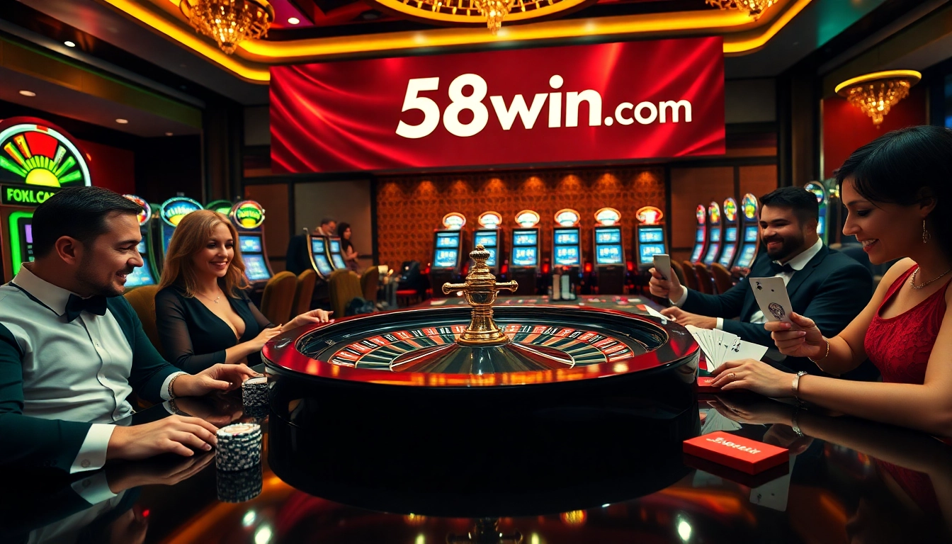 Experience the thrill of 58win com with lively players and a roulette wheel in a luxurious casino setting.