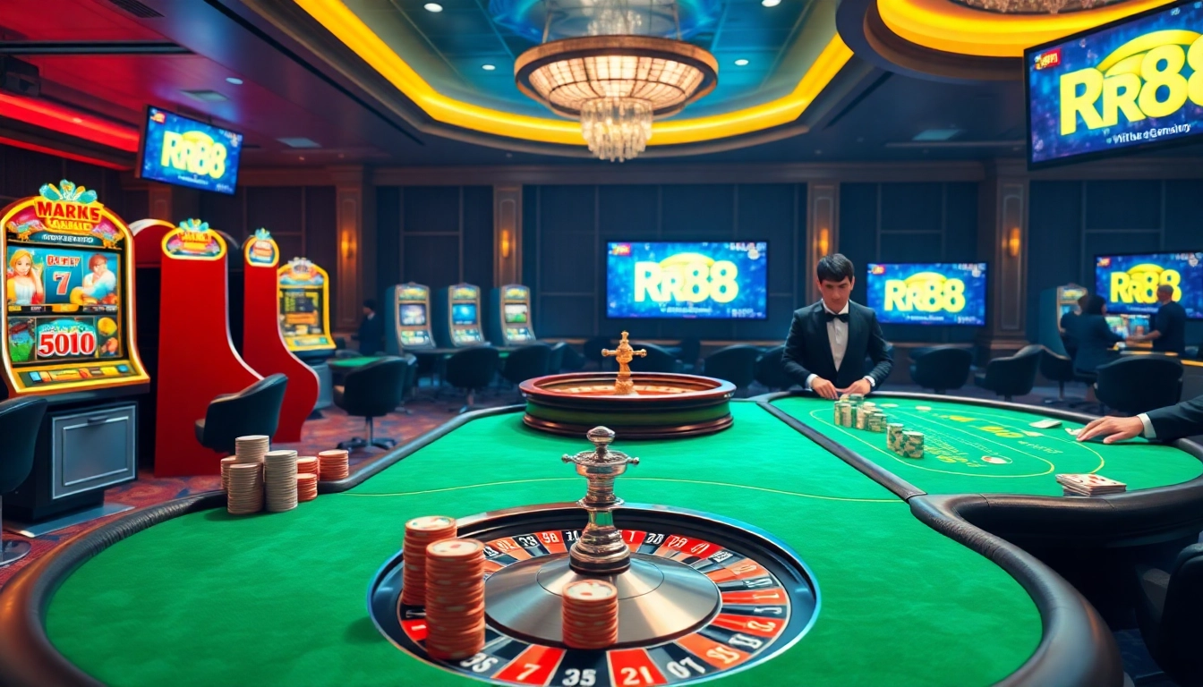 Play online casino games at RR88 with a vibrant virtual gambling experience showcasing exciting slots and poker.