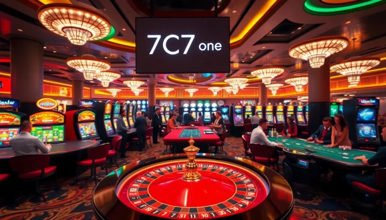 Experience the vibrant atmosphere of 7C77 one with players engaged at roulette and slots.