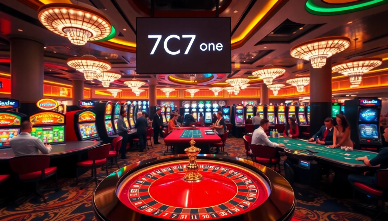 Experience the vibrant atmosphere of 7C77 one with players engaged at roulette and slots.