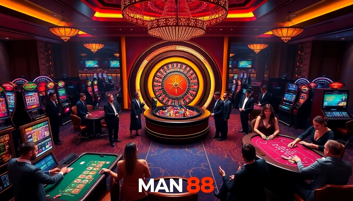 Man 88 players cheering at a lively poker table with vibrant casino atmosphere.