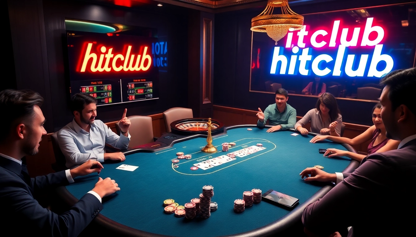 Hitclub players strategizing at a luxurious casino poker table filled with chips and cards.