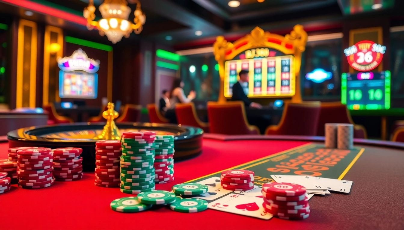 Players enjoy thrilling games at BJ388's luxurious casino, featuring poker chips and roulette tables.