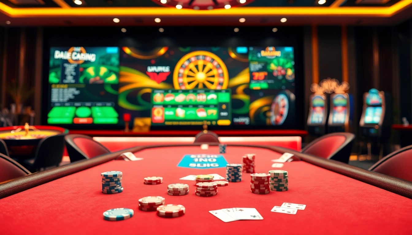 שחקנים נהנים מרמי אונליין על שולחן פוקר יוקרתי, מוקפים באלמנטים קזינו תוססים.