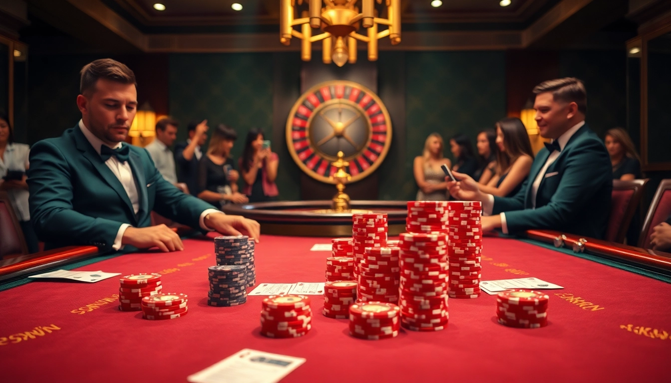 Sunwin poker table bustling with excitement and vibrant chips in a luxurious casino setting.