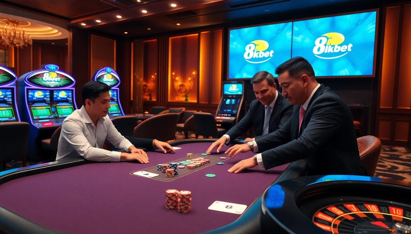 An engaging scene at a luxury casino with 8kbet. com branding, capturing players enjoying poker and slot machines.