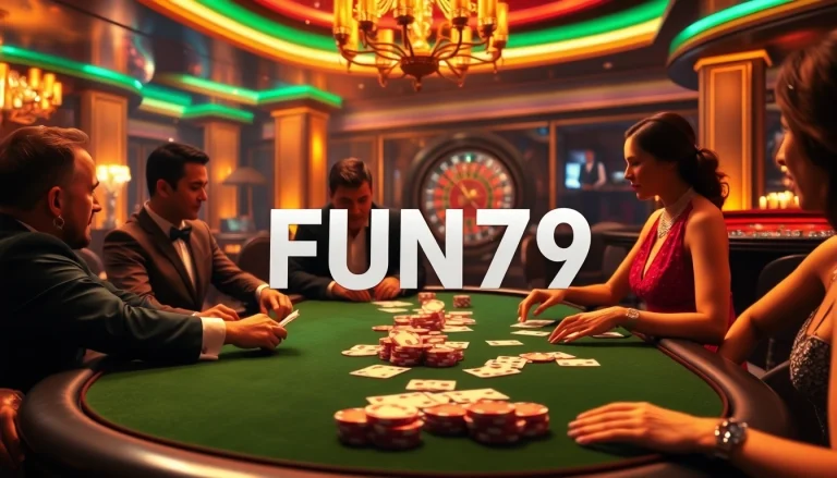 Experience the excitement of FUN79 at a luxurious poker table with vibrant chips and cards.