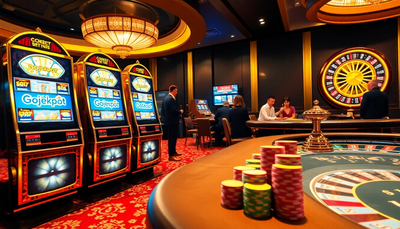 Excited gamblers playing at Gojekpot-themed slot machines in a luxurious casino.