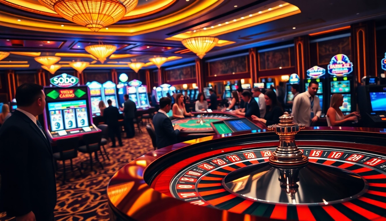 SODO CASINO features a bustling gaming floor with a spinning roulette wheel and vibrant players enjoying games.