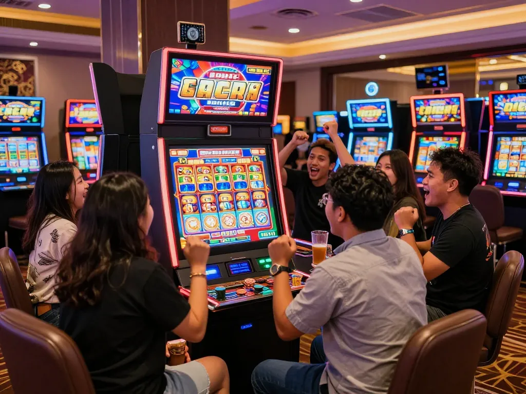 Kegembiraan situs slot gacor di kasino dengan teman-teman merayakan di sekitar mesin slot yang cerah