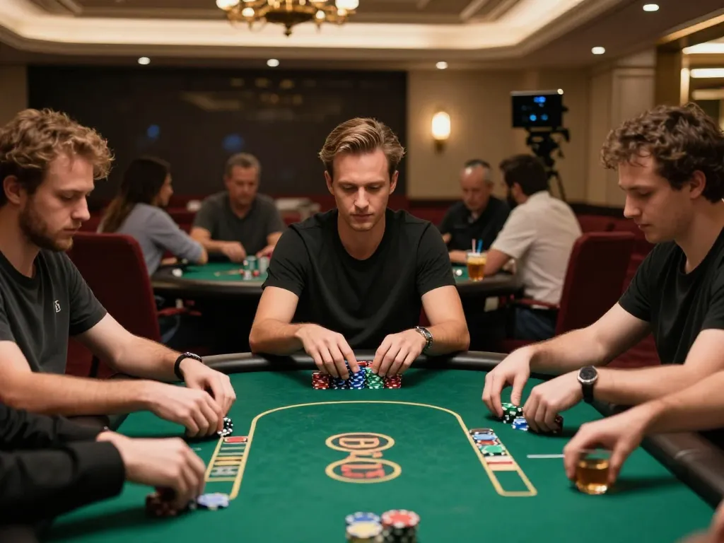 B52CLUB poker players strategizing during an intense hand in a luxurious casino setting