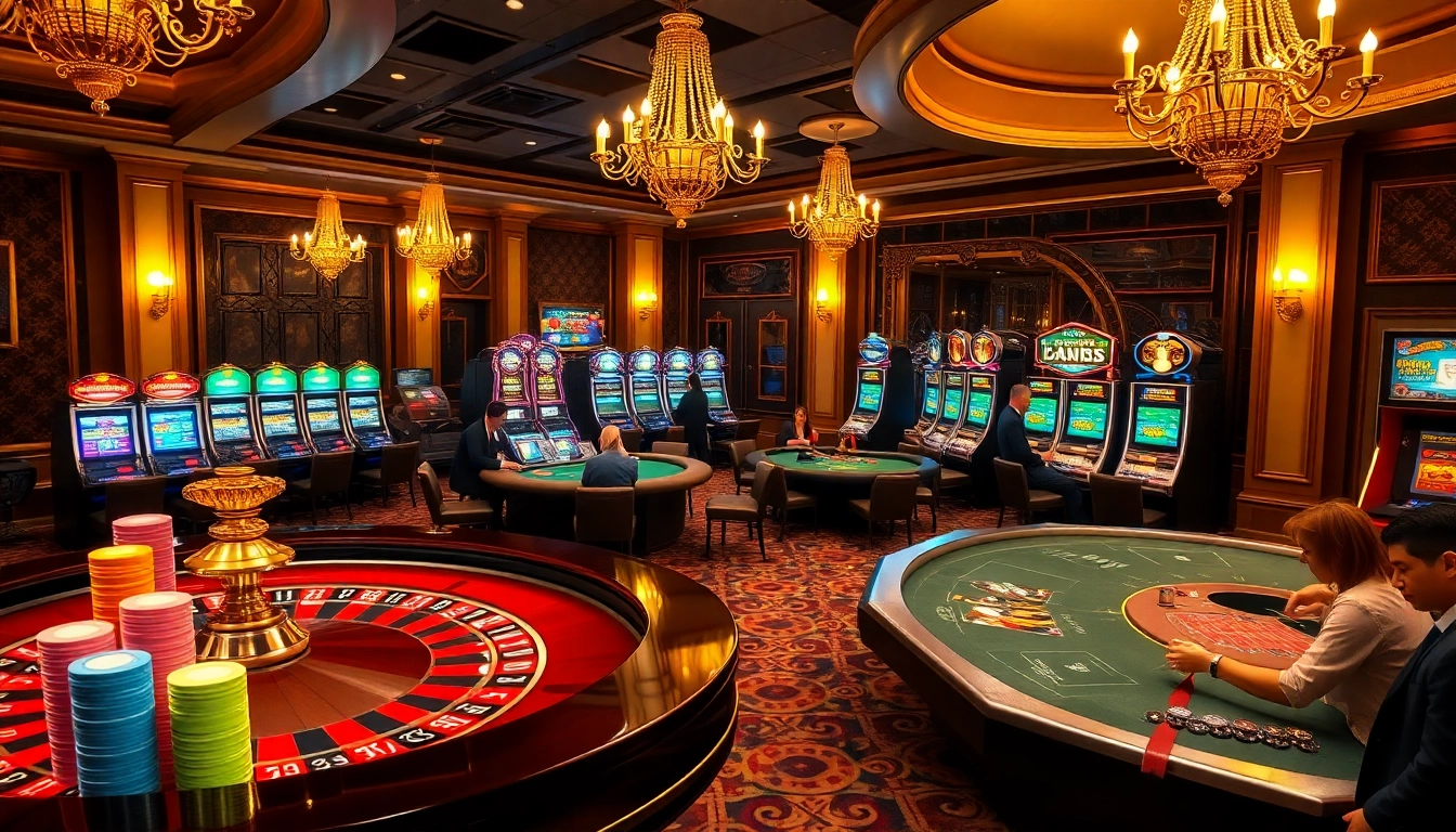 Experience luxury and excitement in the casino scene at https://rr88k1.com/, showcasing roulette tables and slot machines.
