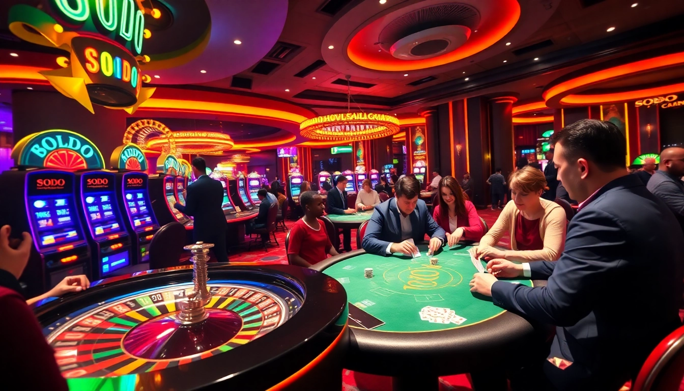 SODO casino scene showcasing players at poker tables and vibrant slot machines in an exciting atmosphere.