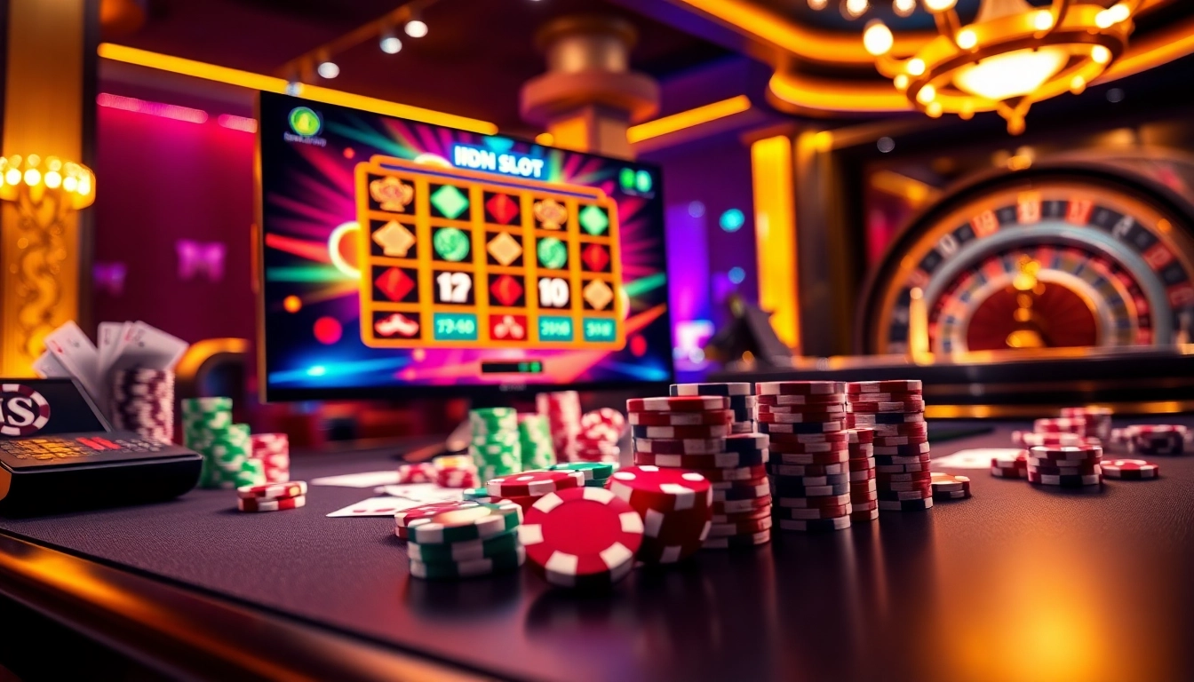 IDN Slot interface illuminated with colorful poker chips, enhancing online gambling excitement.