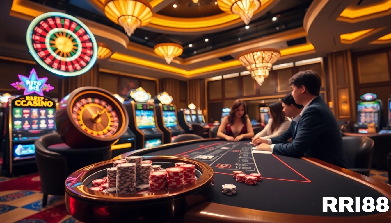 Experience high-stakes excitement at RR88's vibrant casino tables with roulette and poker games.