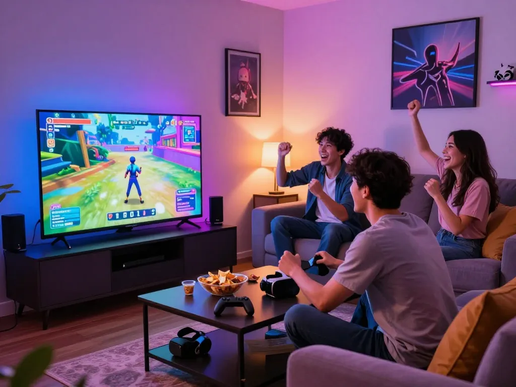 Person engrossed in a porngame on the TV, surrounded by friends and snacks in a lively gaming setup.